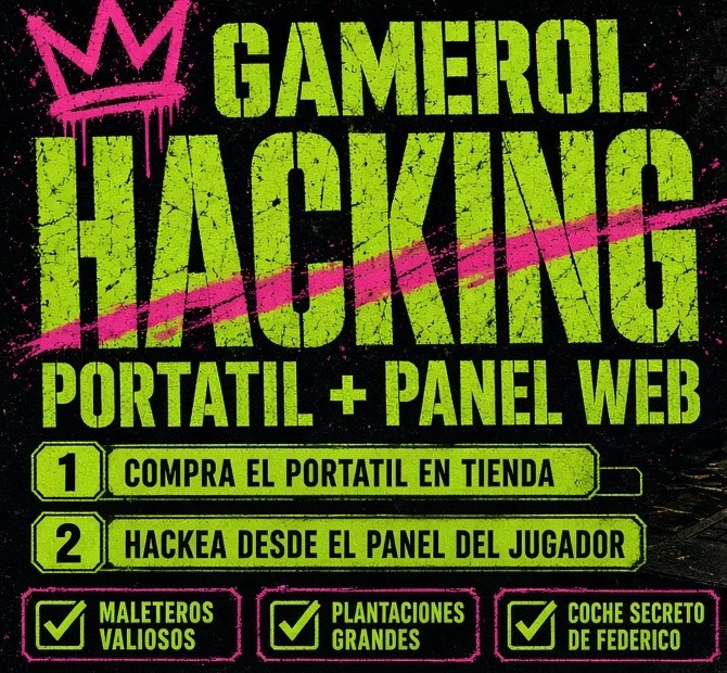 Sistema de hackeo Gamerol: compra el Portátil Hacker en la tienda y hackea desde el Panel del Jugador en la web