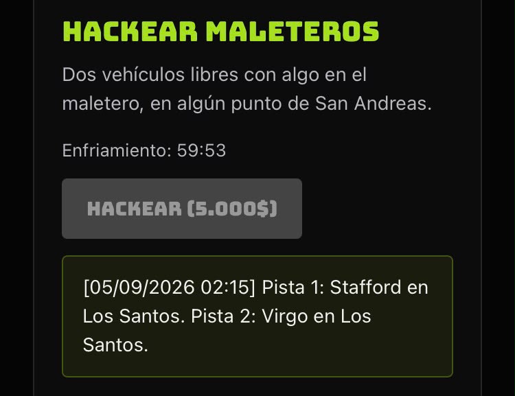 Hackear Maleteros: dos vehículos libres con algo en el maletero, en algún punto de San Andreas
