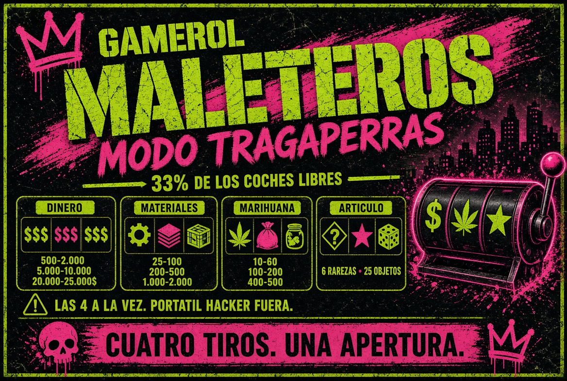 Maleteros modo tragaperras: 33% de los coches libres, dinero, materiales, marihuana y artículo a la vez, 6 rarezas y 25 objetos