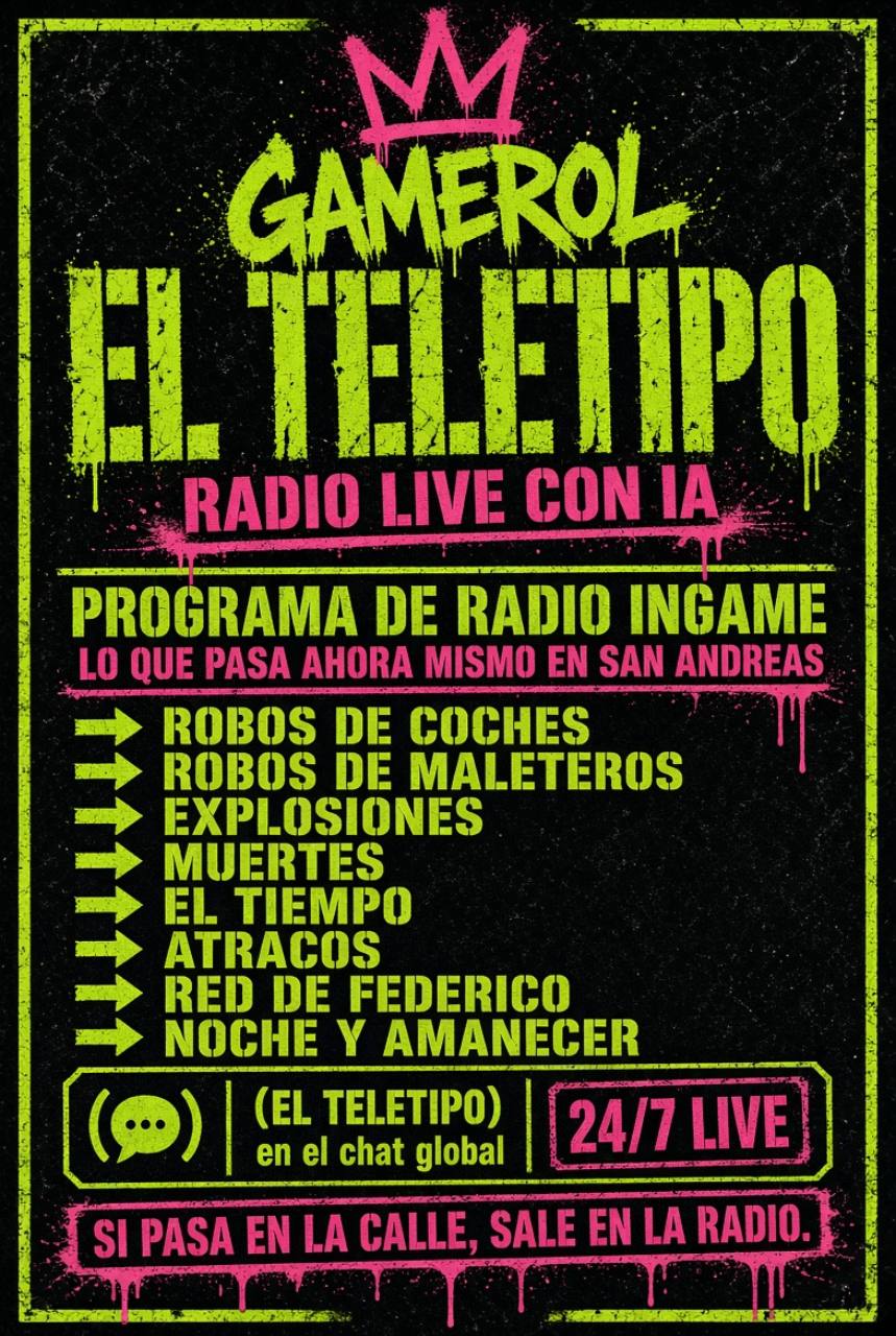 Gamerol El Teletipo: radio live con IA, programa de radio ingame sobre robos de coches, maleteros, explosiones, muertes, clima, atracos, red de Federico, noche y amanecer