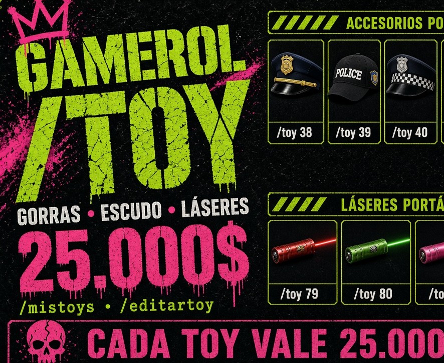 Sistema de Toys: gorras, escudo, láseres, cada uno 25.000$, /mistoys y /editartoy